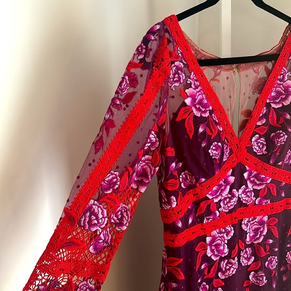 MARCHESA NOTTE Wine Floral Lace  Mesh Embroidered  Gown Red Pink Purple Size 8 - Picture 8 of 11